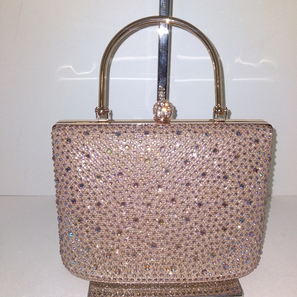 Handbags - Elegant Gold Crystal Embellished Clutch Bag